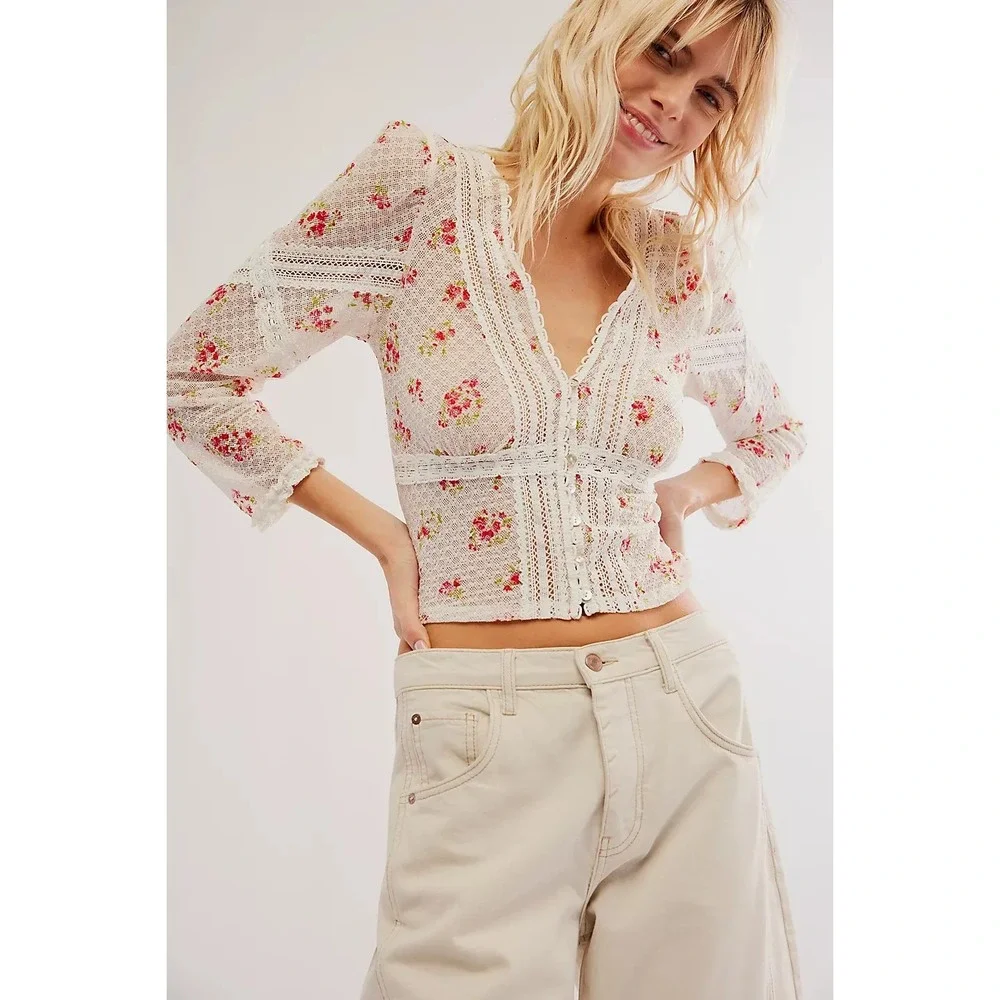 Free People Kika Top Blouse S Sheer White Lace Floral Button Front Long Coquette